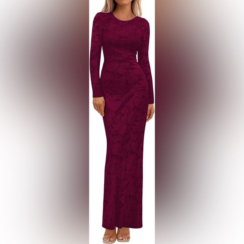 Elegant Lace Floral Bodycon Long Sleeve Burgundy Dress Women’s Medium